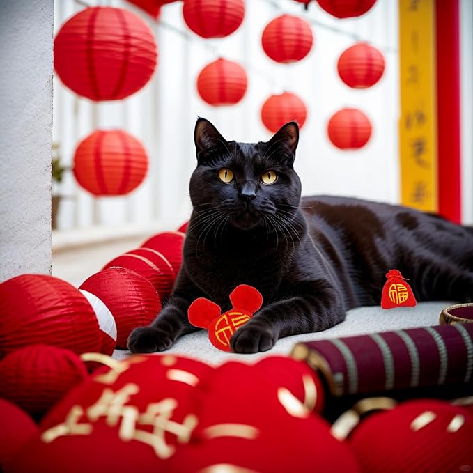 Lunar New Year Cat Toys for Bored Indoor 6 Pcs Xmas Plush Catnip Toys Training Kitten Chewing Interactive Toys Chinese Red