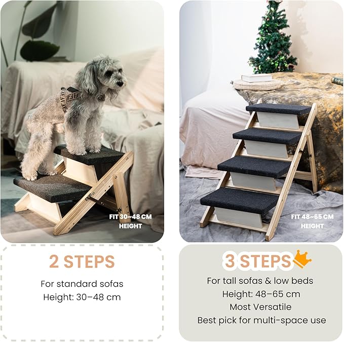 MEWANG Wood Pet Stairs & Ramp for Small/Medium Dogs and Cats, Aging Pets – 3-in-1 Foldable, Portable, Non-Slip Pet Ladder for Tall Beds, Couches,Cars–Holds Up to 220 lbs (31.5" L x 17.2" W x 25.0" H)