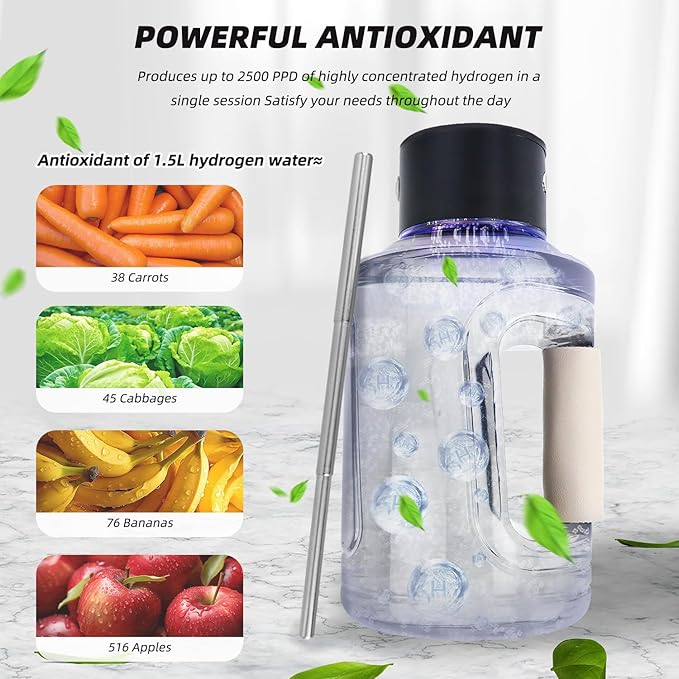 Hydrogen Water Bottle With Portable Foldable Straw, 57OZ/1.5L Large Portable Rechargeable Hydrogen Water Generator with SPE Technology for Home, Office, Travel, Drinking, Outdoor Adventure