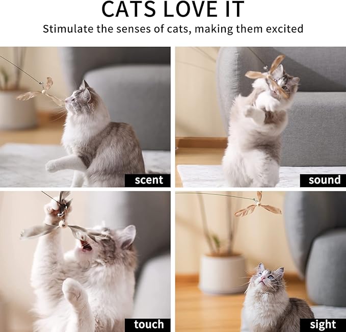 FUKUMARU Cat Wand Toy, 35.5 Inch Cat Feather Propeller Toy with Bell, Steel Wire Cat Toy for Indoor Cats with 4PCS Natural Feather