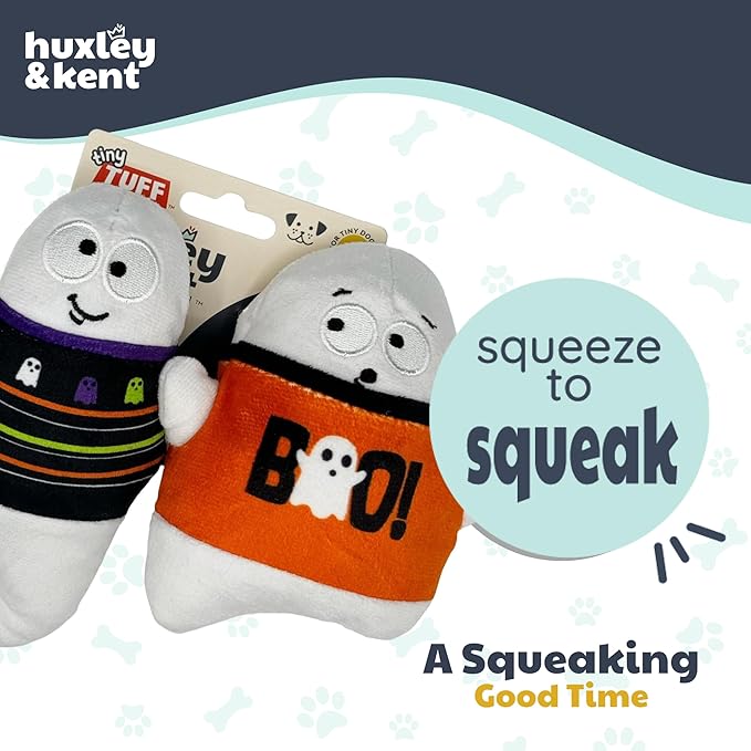 Huxley & Kent Halloween Funny Dog Toy w/Squeaker – Power Plush Squeaky Dog Toys for Small Dogs – Durable Small Stuffed Animal for Indoor Play & Fetch - Tiny Tuff Boo Buddies 2pk