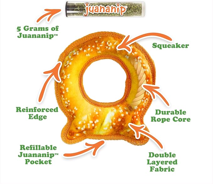 Doggijuana Tuffer Chewer Mini Plush Dog Toy | Funny Dog Toy Plush with Juananip Catnip for Dogs | Calming Aid for Dogs | Interactive Squeaky Chew Toy for Play (Pretzel Ring)