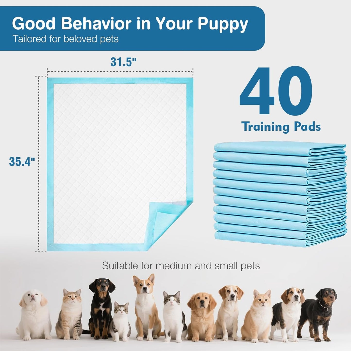 Dog Pee Pads Extra Large-40 Count- 31.5 x 35.4 Inch - Puppy Pads, Super Absorbent, Leak-Proof Potty Training Pads for Doggy, XXL Unscented Training Pads, Quick Dry Pet Pads, Blue