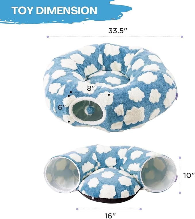 Cat Tunnel Bed – Cozy Donut Cat Cave Tunnel for Indoor Cats, Collapsible Peekaboo Play Tunnel Toy for Kittens, Rabbits & Small Pets, Standard Blue