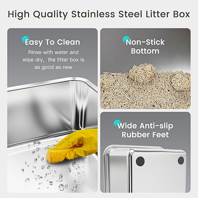 Tripamin 15” XL Stainless Steel Cat Litter Box Enclosure, XXL Stainless Steel High Sides with Lid, Extra Large Metal Cat Litter Box (Translucent Black, XX-Large)