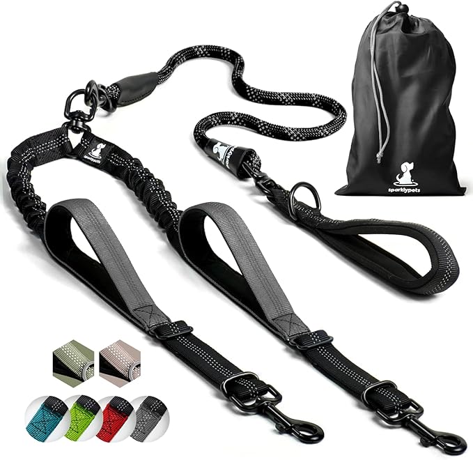 SparklyPets Double Dog Leash for 2 Dogs – Rope Bungee Dual Leash for Medium and Large Breeds with Padded Handles & Tangle Free (Black, Medium/Large)
