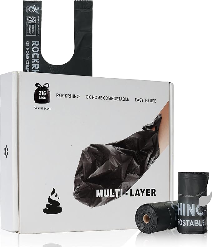Ultra Thick RockRhino Dog Poop Bags - ECO Heavy Duty, Multi-Layer Bottom, 0% Plastic, 100% Home Compostable, Mint-Scented, Easy Open Tie Handles, Glove-Like Fit - 216 Bags
