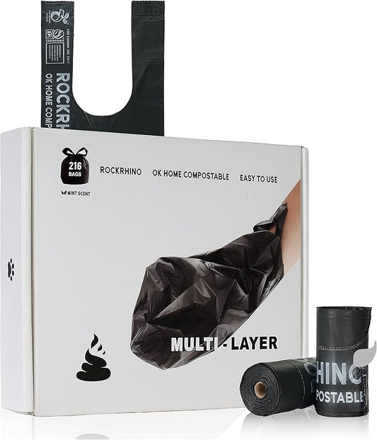 Ultra Thick RockRhino Dog Poop Bags - ECO Heavy Duty, Multi-Layer Bottom, 0% Plastic, 100% Home Compostable, Mint-Scented, Easy Open Tie Handles, Glove-Like Fit - 216 Bags