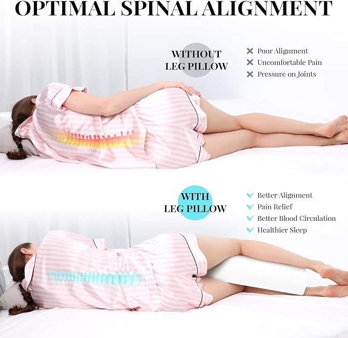 Knee Pillow for Side Sleepers Memory Foam Leg Pillows for Sleeping Yoga Bed Half Moon Bolster Pillow for Neck Pain Relief with 2 Pillowcases 20.5 x 8 x 4.5 Inches(White+Grey, Standard Size)