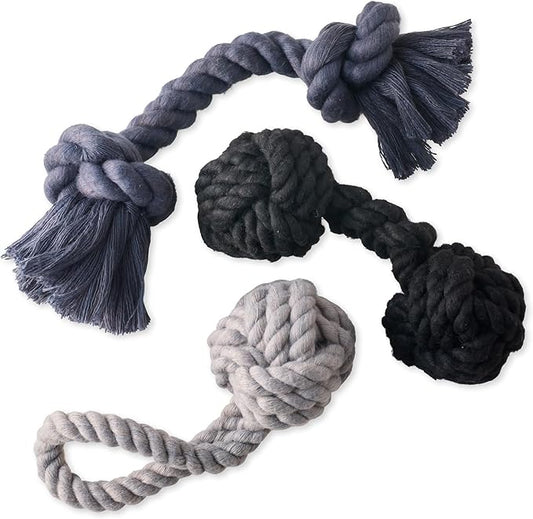 3-Pack Organic Cotton Dog Rope Pull Toys for All Pet Breeds, Gray Ombre, One Size