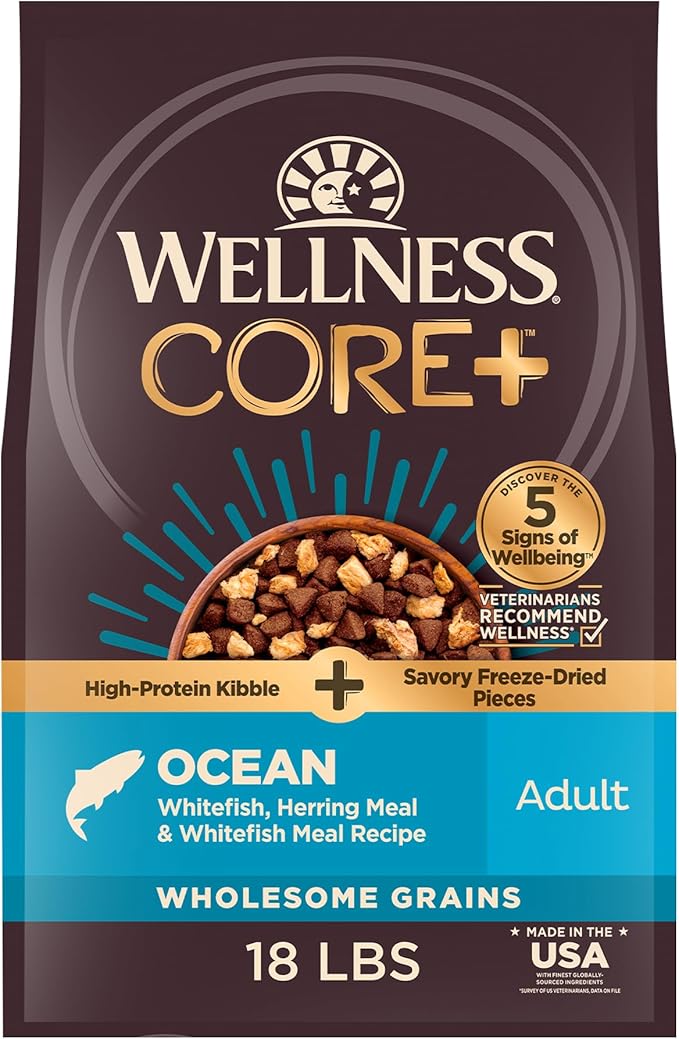 Wellness CORE+ Dry Dog Food with Freeze Dried Pieces, Wholesome Grains, High Protein, Natural, Ocean Whitefish & Herring Recipe, (18-Pound Bag)