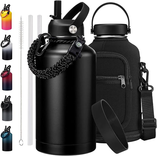 64 oz Water Bottle with Straw Stainless Steel - Wide Mouth 1/2 Gallon Water Bottles Keep Ice Cold-48H & Hot-24H, Double-wall Metal Water Jug w/Paracord Handle, Water Bottle Sleeve, Protective Boot