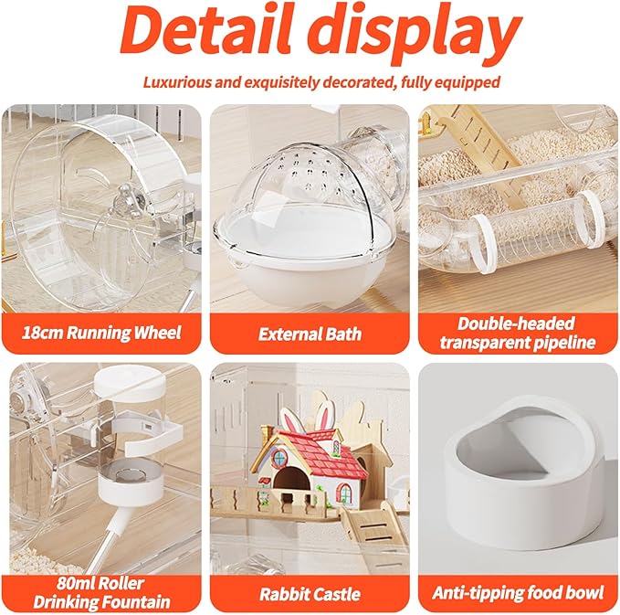 Large Hamster Cage 17x11x13 Inch Acrylic Habitat - Multi-Level Enclosure for Dwarf/Syrian Hamsters, Mice & Gerbils (Ventilated Design & Removable Base) (Red Villa, 17x11x13)