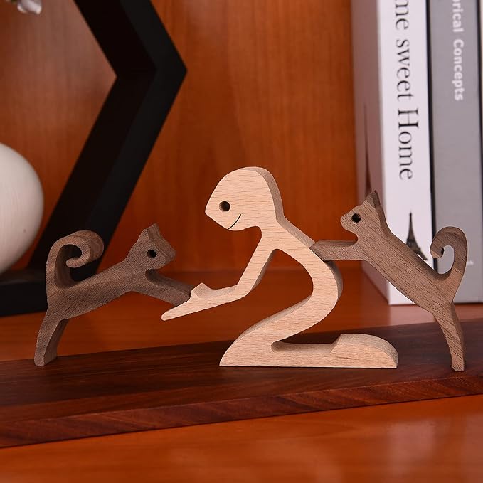 Cat Figurines Home Decor Nature Wood Carved a Man Two Cats Sculpture