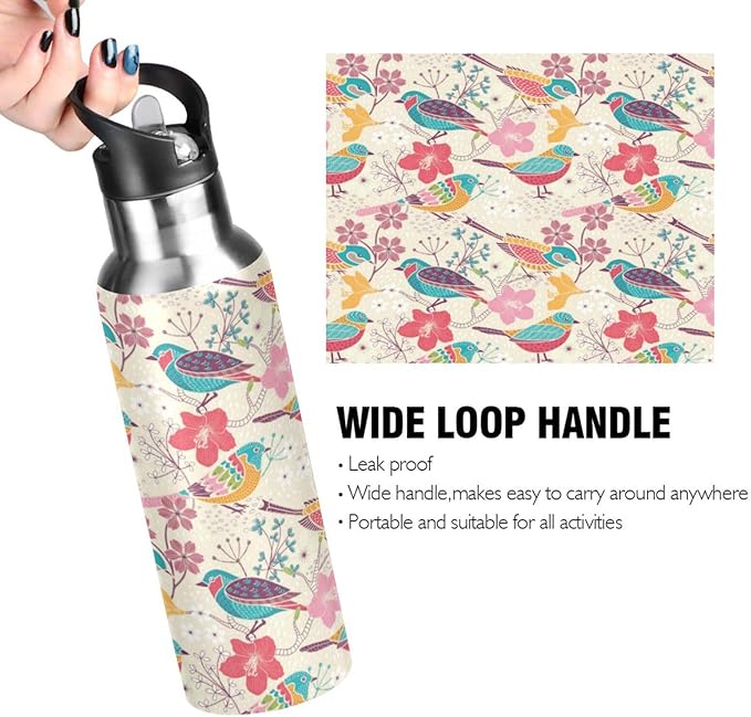 ALAZA Floral Birds Print Water Bottle With Straw Lids Boys Girls,Vacuum Insulated Leakproof Stainless-Steel Sports Bottle Thermal Flask For Gym Yoga Camping,34Oz (1000Ml)