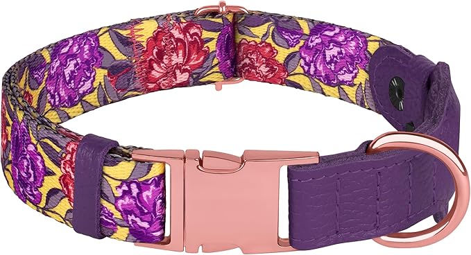 AirTag Dog Collar for Small Medium Large Breed - Adjustable Cute Pattern Dog Collar with Airtag Holder - Soft Leather Tracker GPS Apple Air Tag Pet Collars (X-Small, 9"-12" Neck Fit, Peonies)
