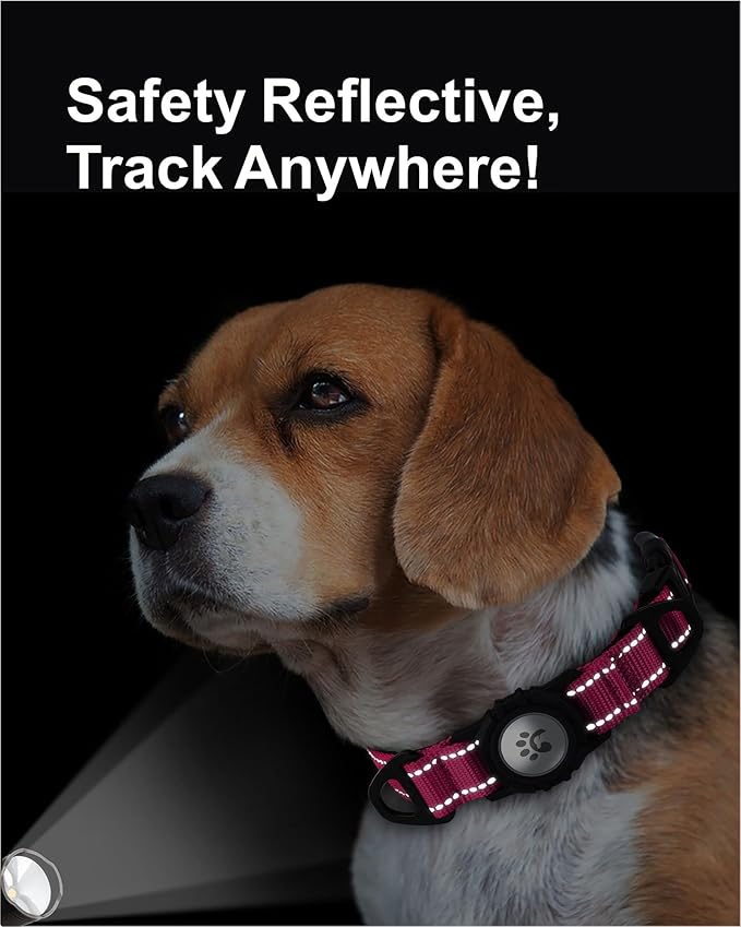 TagME Airtag Dog Collar,Waterproof Reflective Pet Collar with Airtag Holder,Soft Padded and Double D-Rings for Medium Dogs,Hot Pink
