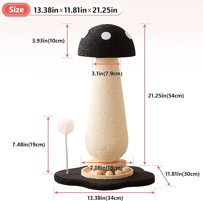 Mushroom Cat Scratching Post Cat Tree, 21.5‘’ H Cute Cat Scratcher Tower with Durable Solid Wood Turntable Toy, Solid Black Mushroom Scratch Post Cat Sisal Scratcher with Catnip for Indoor Cats