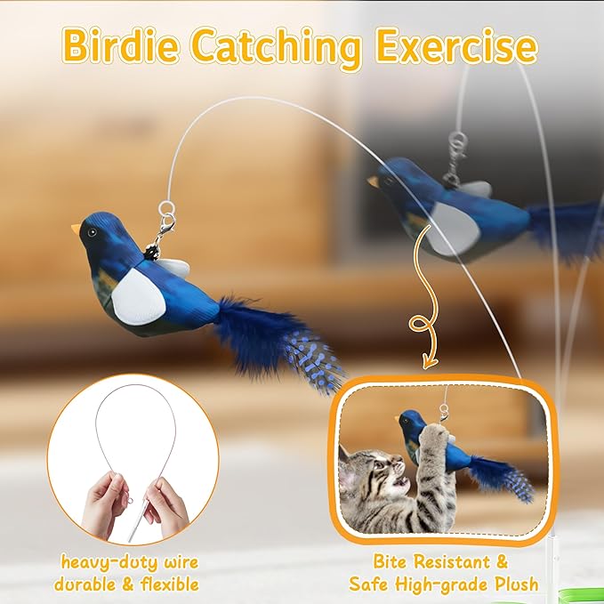 Interactive Cat Toy for Indoor Cats, Enrichment Stimulation Kitten Toys,Flying Bird,6 Holes Mole,Rotating Feather, USB Rechargeable Electronic Interactive Feather Toy for Bored Adult & Kitten Cats
