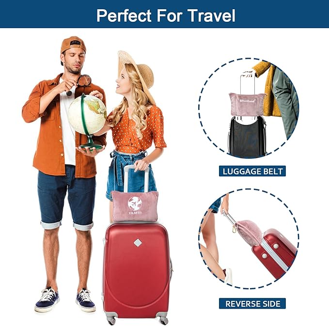 Bnuitland Travel Blanket and Pillow 2 in 1, Soft Flannel Airplane Blanket in Bag Compact-Long Flight Essential for Adults and Kids, Portable Luggage Sleeve and Backpack Clip, 65×40 inch Pink