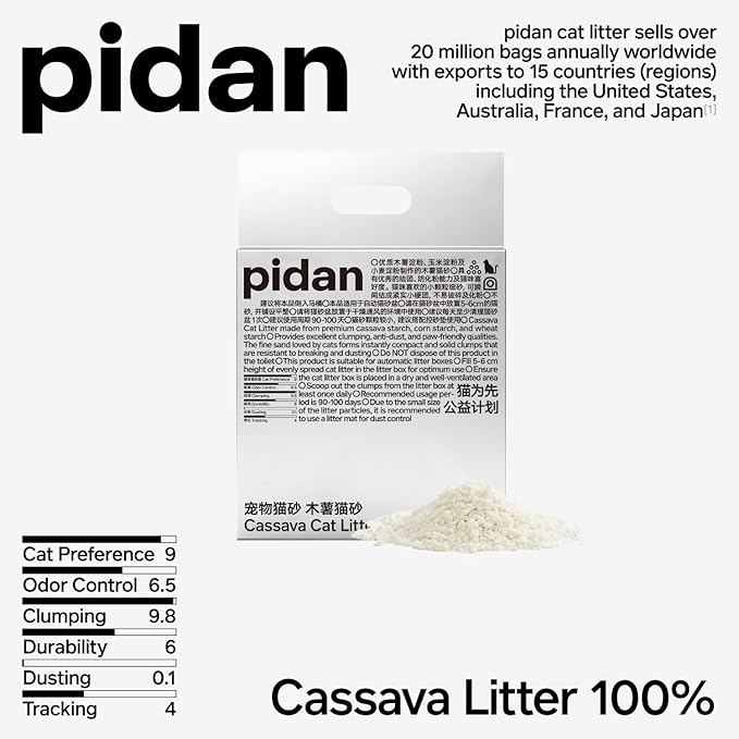 pidan Cassava Cat Litter clumping,Odor Control,Plant-Based Natural Ingredients,Ultra Absorbent and Fast Drying,No Dust,Unscented (5.3lb×2bags)