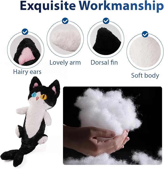 OOPSHANA Long Cat Plush Toy Cute Plushie Hugging Plush Pillow Shark Cat Stuffed Animal for Girls and Boys Black 33"