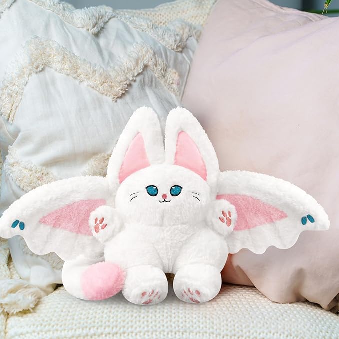 PEACH CAT Cute Bat Cat Plush Pillow Kawaii Bat Cat Stuffed Animal Toys for Kids White and Pink 12"