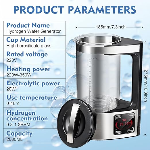 Hydrogen Water Bottle Generator Kettle, 2L Large Capacity Hydrogen Rich Water Machine with Constant Temperature Heating Glass Bottle