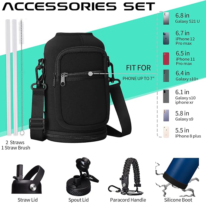 Insulated Water Bottle 64oz - w/Paracord Handle, Straw & Spout Lids, Carrier Bag, Half Gallon Sport Stainless Steel Water Flask Jug, Thermo Mug Triple-wall Vacuum Insulated Water Bottle