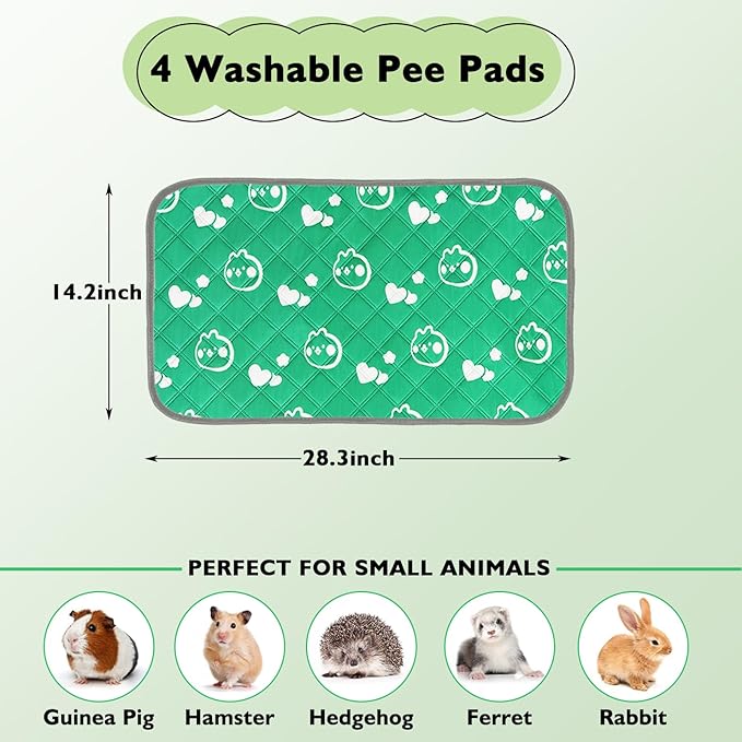 4 Pack Guinea Pig Bedding - Washable Guinea Pig Liners for C&C 2x1 Cage, Waterproof Reusable & Anti Slip Pee Pads Super Absorbent Mats for Small Animal Rabbit Hamster Rat (Green, 28 x 14 Inch)