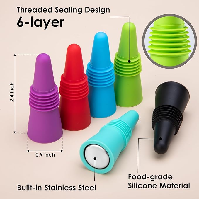 8 PCS MultiColor Silicone Wine Stoppers with Threaded Seal Ring and Stainless Top - Suitable for Wine and Beverage Bottles - Keeping Wine or Beverage Fresh