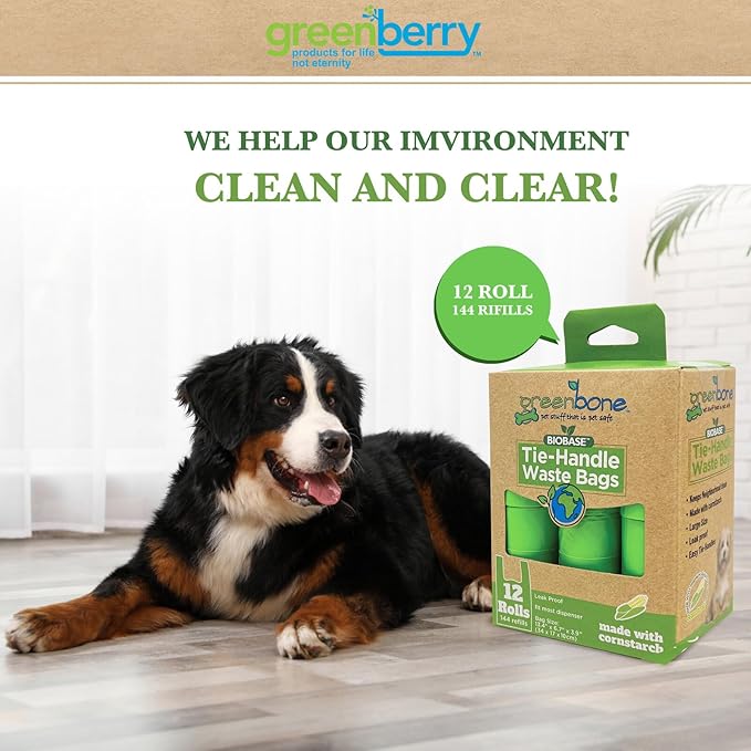 BioBase Cat or Dog Poop Bags Rolls with Handle Tie, Large Leak Proof- 12 Rolls -144 refills