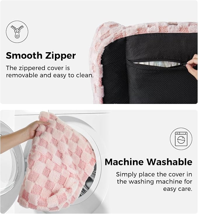 MADE 4 PETS Cat Beds for Indoor Cats, Cat Couch Bed, Soft Faux Fur Checkered Pet Sofa, Calming Fluffy Kitten Sofa with Supportive Foam, Removable Washable Cover with Non-Slip Base, Pink, Small