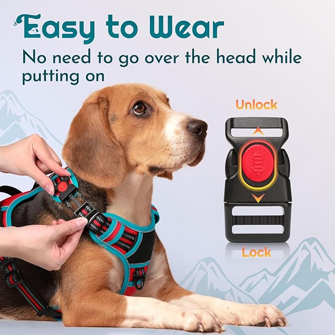 Eagloo Dog Harness Medium Sized, Easy Wearing with 3 Buckles, Adjustable No Pull Pet Harness with 2 Rings for Walking, No Chock Reflective Soft Padded Vest with Control Handle, Red & Teal, M