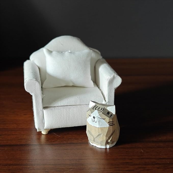 Miniature Wooden Cat Figurines with Sofa – Handcrafted Decorative Cats Set, 3 x 3.1 Inches, Home Décor for Desk, Bookshelf, and Living Spaces