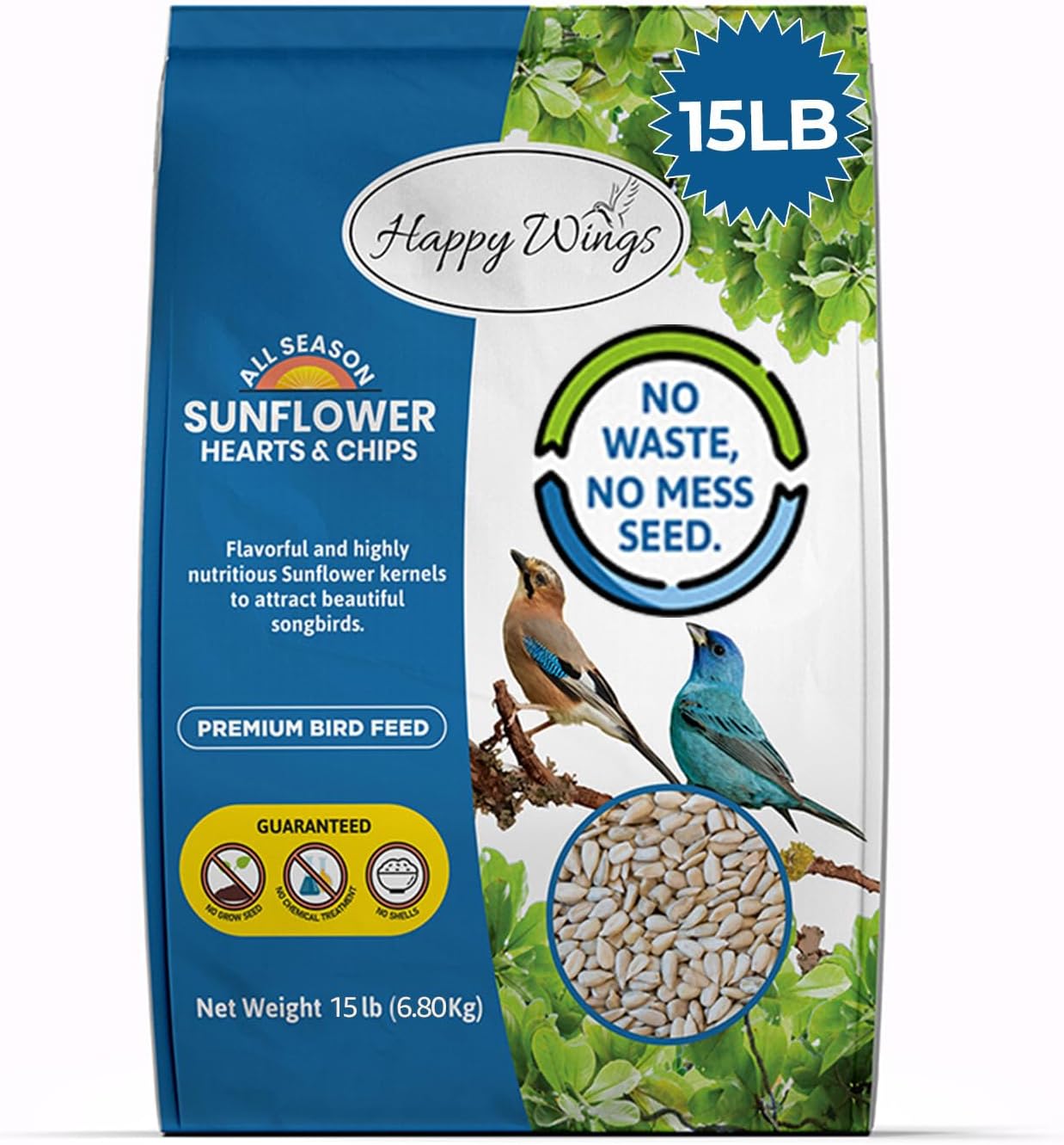 Sunflower Hearts & Chips Bird Food 15 lbs No Mess, No Waste Seed No Grow Formula Ideal for Wild Birds, Finches, Sparrows, and Year-Round Feeding.