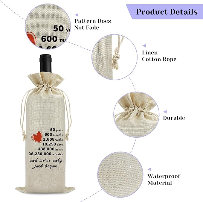 50th Year Marriage Gift for Couple Wife Husband Wine Bag 50th Anniversary Wedding Gift for Women Men Wine Gift Bag Birthday Christmas Valentine Gift for Him Her Drawstring Wine Wrapping Bag