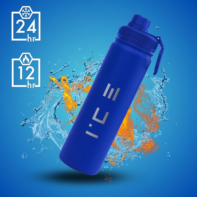 ICE Sports Water Bottle - Includes 3 Lids (1 Straw Lid) & 2 Straws - Leak proof Stainless Steel Gym & Sport Bottles for Men, Women & Kids - Double Walled, Insulated Thermos (Blue, 22 oz)