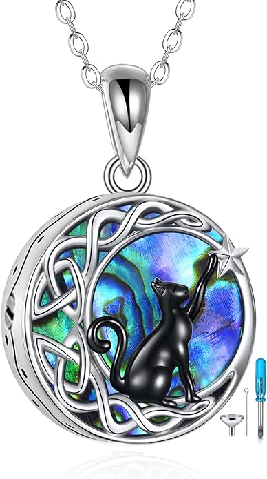 925Sterling Silver Moon Black Cat Necklace for Women Tree of Life Cat Jewelry for Women Abalone Necklace for Cat Lover Birthday