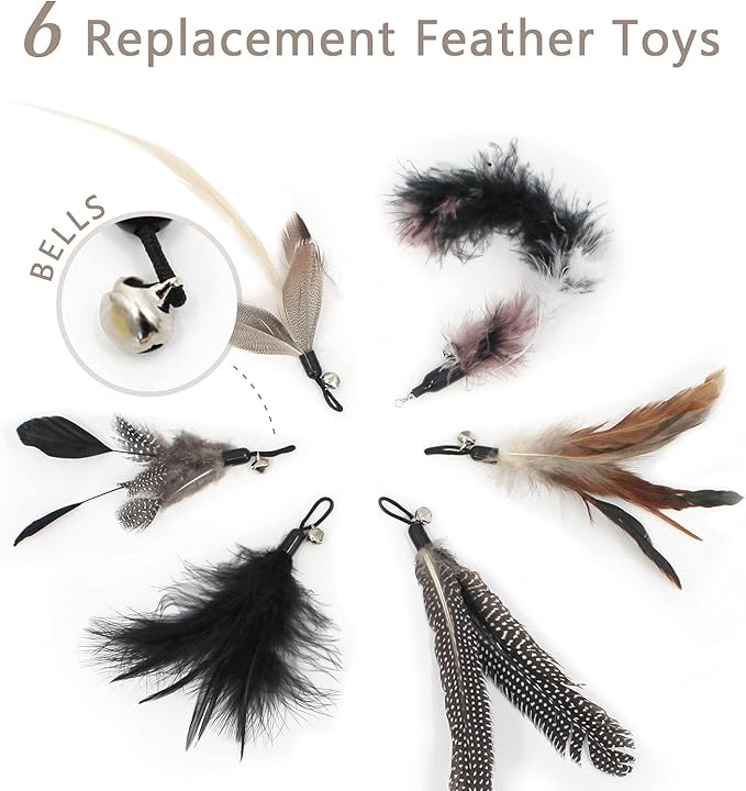 SONGWAY Interactive Cat Feather Toy Set - Retractable Teaser Wand with 6 Pcs Feather Refills with Bell, Cat Wand Toys for Indoor Cats Kittens Play Chase Exercise, Black