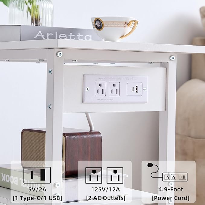 Lerliuo 3-Tier Printer Stand with Charging Station, Industrial Mobile Printer Table with Storage Shelf and Steel Frame, Rolling Printer Cart Holder with Lockable Wheels for Home, Office (White)