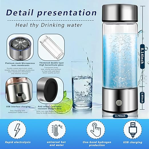 Hydrogen Water Bottle Generator (420ml 3-Minute) Quick Electrolysis, SPE/PEM Technology, Portable USB Charging Ideal for Home, Travel, Exercise, and Gifting (Silver)