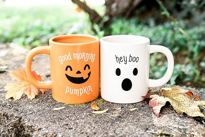 Pearhead Halloween Mug Set, Good Morning Pumpkin and Hey Boo Coffee Mugs, Novelty Fall Holiday Cups, Set of 2, 13 oz