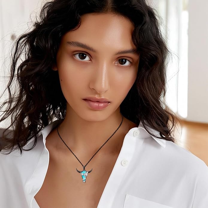 Midir&Etain Western Necklace 925 Sterling Silver Turquoise Pendant Cow Skull/Hat/Tag/Cactus Cowgirl Country Jewelry for Women Men