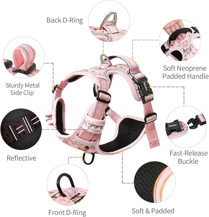 HEELE Dog Harness, No Pull Adjustable Padded Reflective Harness for Small Medium Large Dogs with Handle for Walking Training, Flower-Pink, XL