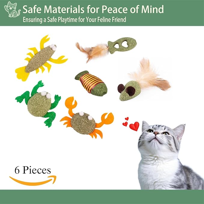 6-Pack Diverse Shaped Catnip Cat Toys - Suitable for Indoor Cats & All Cat Breeds, Including Frog, Lobster, Feather Fish, Striped Fish, Crab & Mouse Shapes