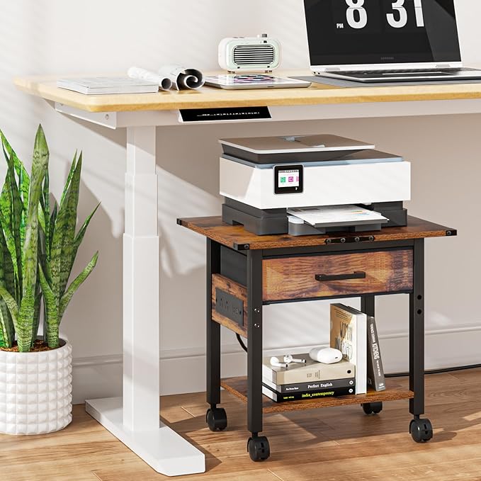 Lerliuo Under Desk Rolling Printer Stand with Charging Station and USB Ports, 2-Tier Printer Table Desk with Fabric Drawer, Printer Cart Holder with Lockable Wheels for Home, Office (Brown)