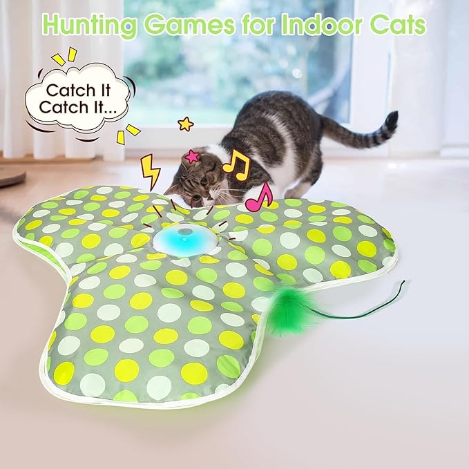 Interactive Cat Toy for Indoor Cats - Automatic Hide & Seek, Motion Activated Feathers, Squeaky Mouse, Touch Activated, USB Rechargeable - Top Bored Cat Toy（Green）