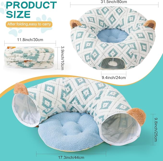 Cat Tunnel Bed with Soft Cushion, Cat Donut Tunnels for Indoor Cats, Peekaboo Cat Cave Toy, Multifunctional Playground Toys for Kittens, Rabbit, Blue Jacquard Pattern