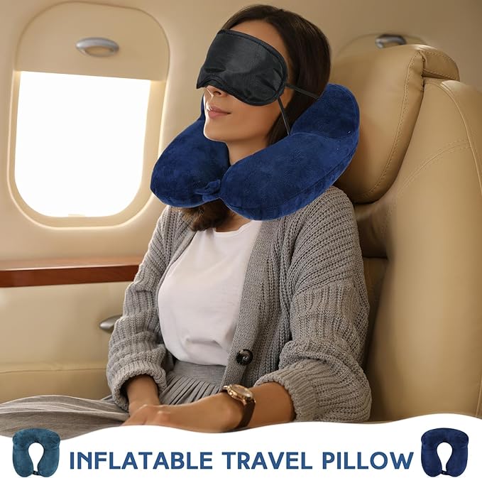 Sintuff 2 Pack Inflatable Travel Pillow for Airplanes Inflatable Neck Pillows with Compact Bag and Blindfold Soft Flight Pillow for Traveling, Airplane, Train, Car, Office(Peacock Green and Blue)